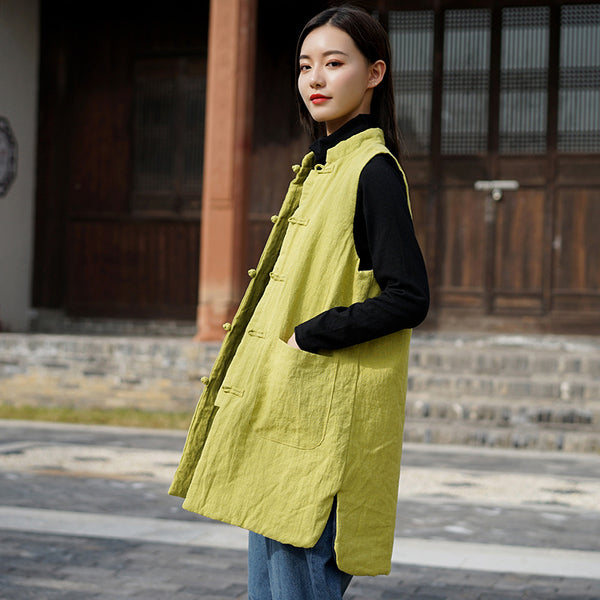 Women Eastern Style Water-washed Linen and Cotton Quilted Vest