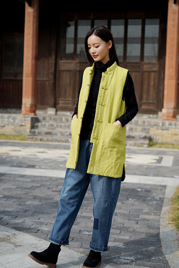 Women Eastern Style Water-washed Linen and Cotton Quilted Vest