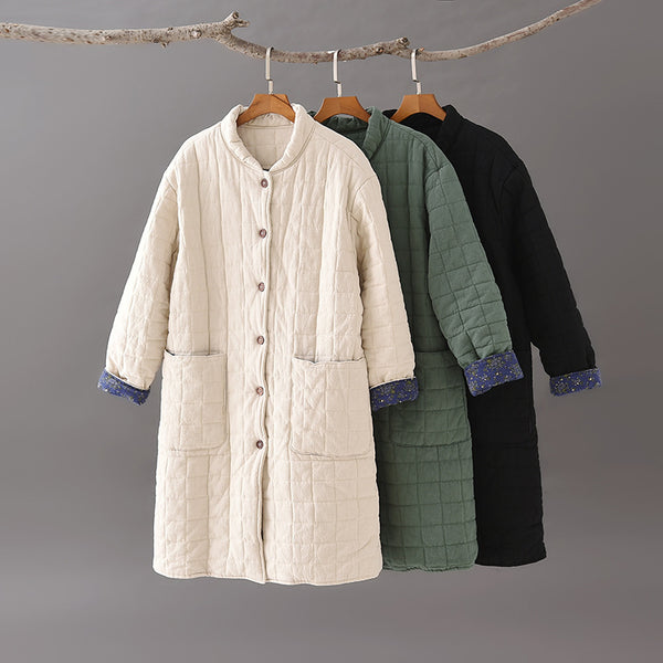Women Retro Style Linen and Cotton Middle Length Quilted Coat