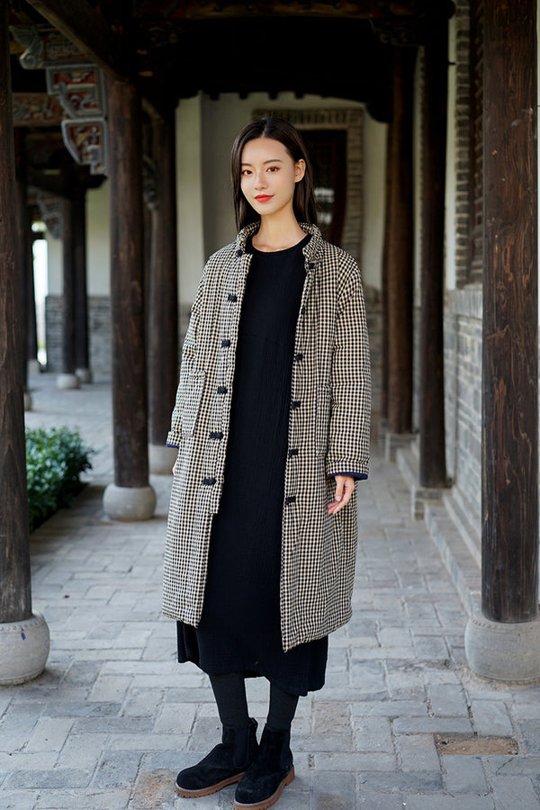 Women Retro Style Middle Length Small Grid Linen and Cotton Short Quilted Coat