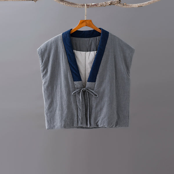Women Retro Style Sleeveless Linen and Cotton Short Quilted Vest