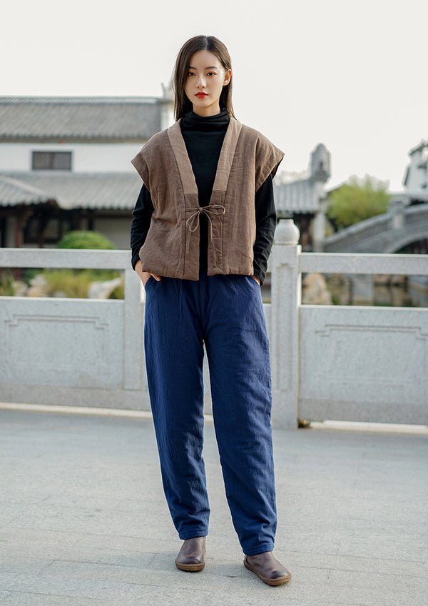 Women Pure Color Linen and Cotton Quilted Cropped Pants