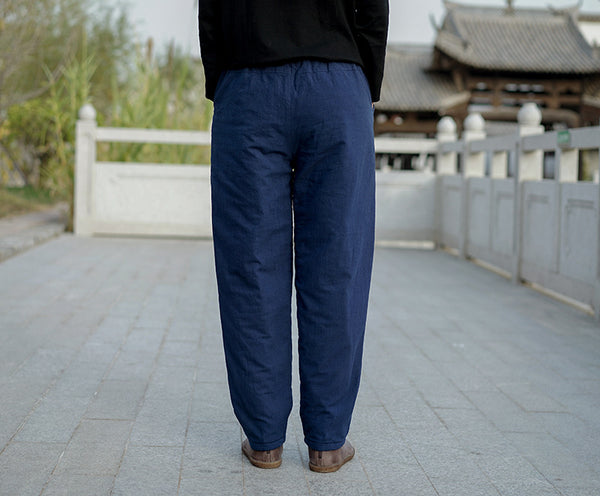 Women Pure Color Linen and Cotton Quilted Cropped Pants