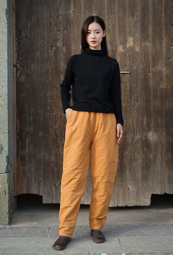 Women Pure Color Linen and Cotton Quilted Cropped Pants