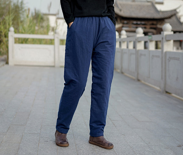 Women Pure Color Linen and Cotton Quilted Cropped Pants