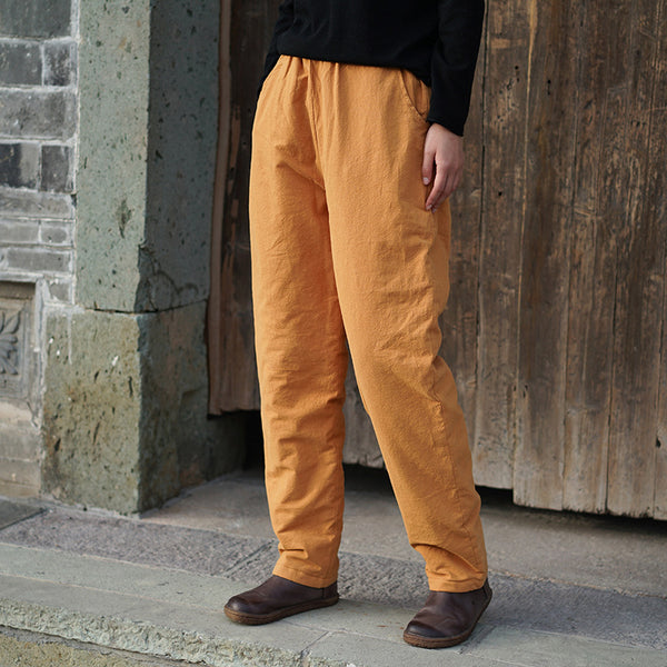 Women Pure Color Linen and Cotton Quilted Cropped Pants