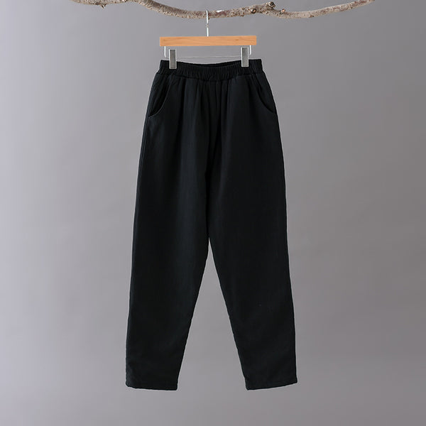 Women Pure Color Linen and Cotton Quilted Cropped Pants
