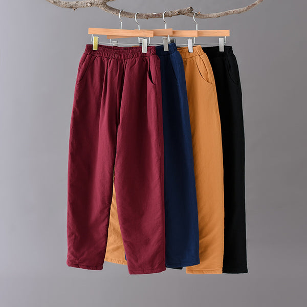 Women Pure Color Linen and Cotton Quilted Cropped Pants