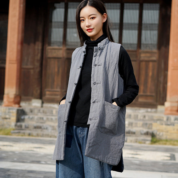 Women Eastern Style Water-washed Linen and Cotton Quilted Vest