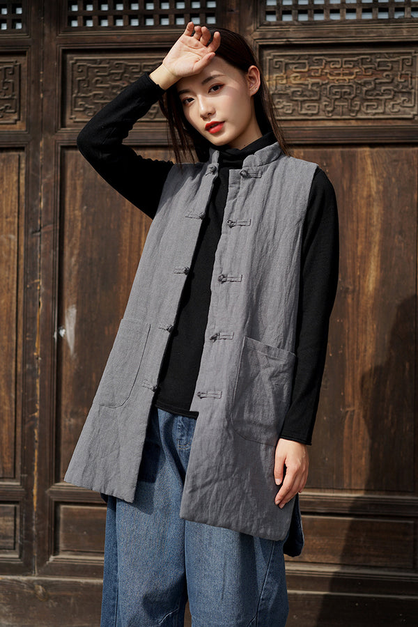 Women Eastern Style Water-washed Linen and Cotton Quilted Vest