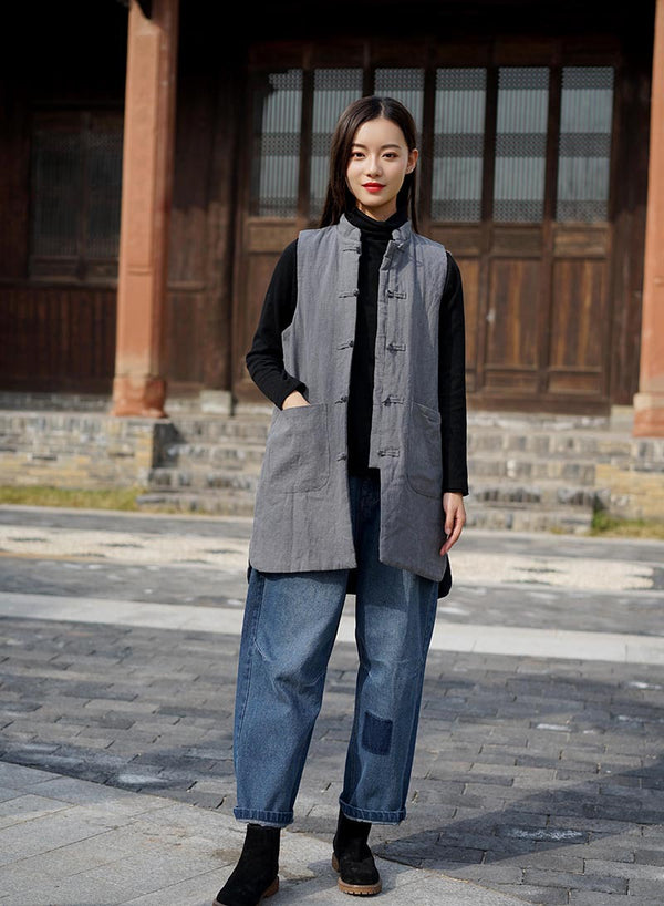 Women Eastern Style Water-washed Linen and Cotton Quilted Vest