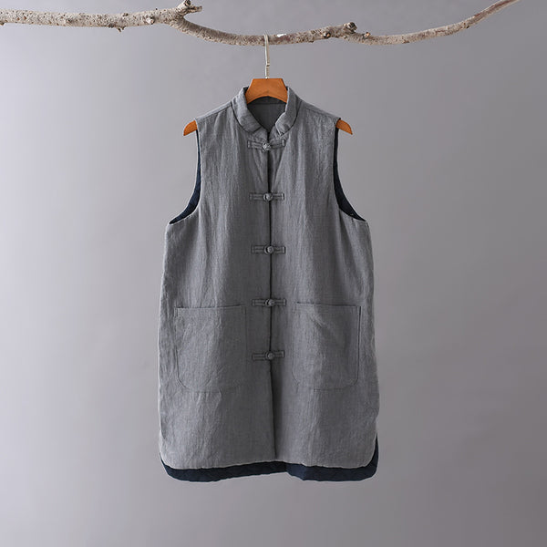 Women Eastern Style Water-washed Linen and Cotton Quilted Vest