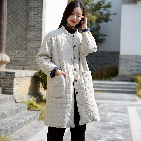 Women Retro Style Linen and Cotton Middle Length Quilted Coat