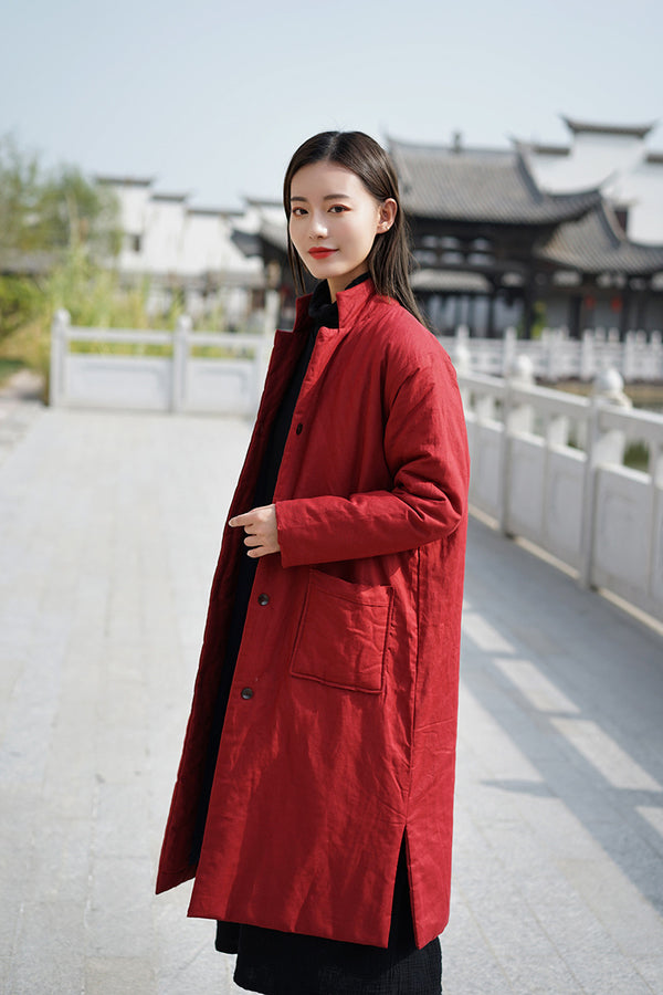 Women Retro Style Long Length Linen and Cotton Quilted Coat