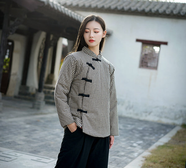 Women Chinese Style Small Grid Linen and Cotton Quilted Tops
