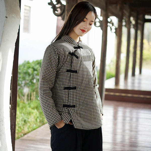 Women Chinese Style Small Grid Linen and Cotton Quilted Tops