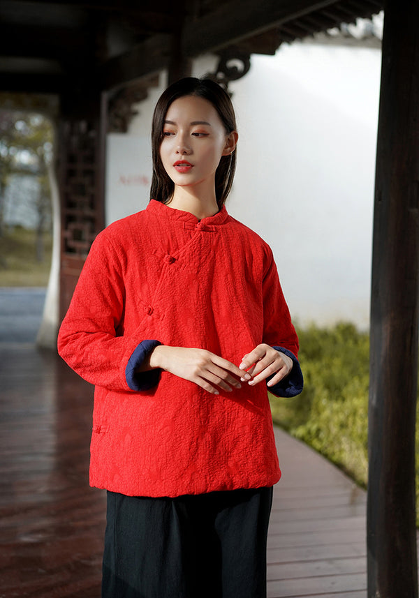 Women Chinese Style Veiled Pattern Linen and Cotton Quilted Tops