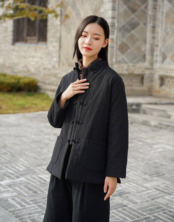 Women Chinese Style Short Length Linen and Cotton Short Quilted Jacket
