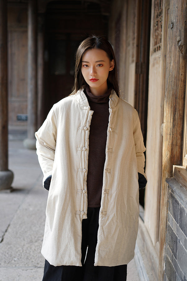 Women Retro Style Buckle Middle Length Linen and Cotton Quilted Coat