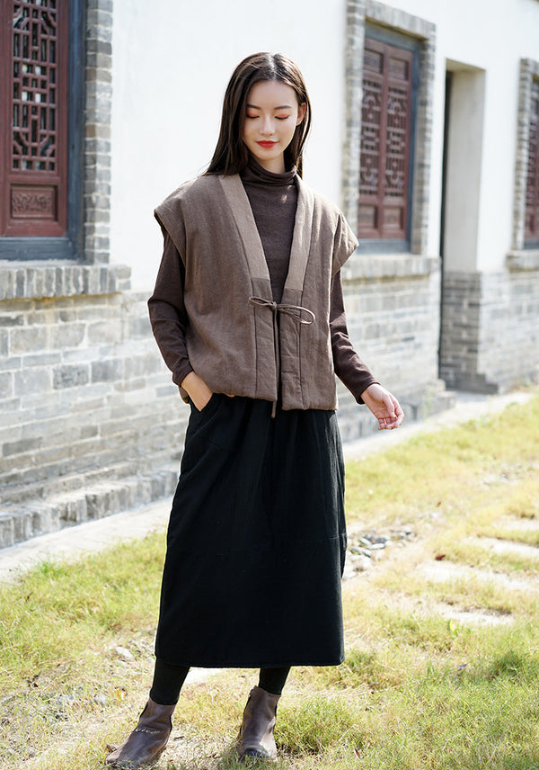 Women Retro Style Sleeveless Linen and Cotton Short Quilted Vest