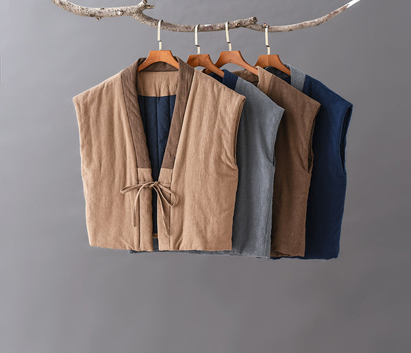 Women Retro Style Sleeveless Linen and Cotton Short Quilted Vest