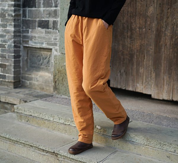 Women Pure Color Linen and Cotton Quilted Cropped Pants