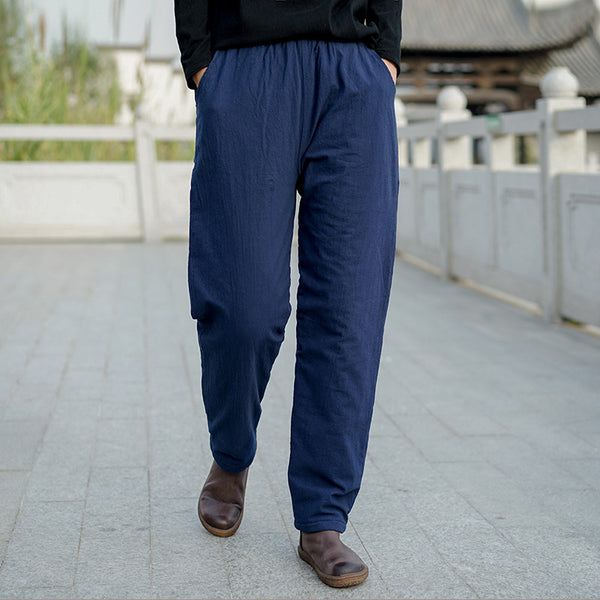 Women Pure Color Linen and Cotton Quilted Cropped Pants