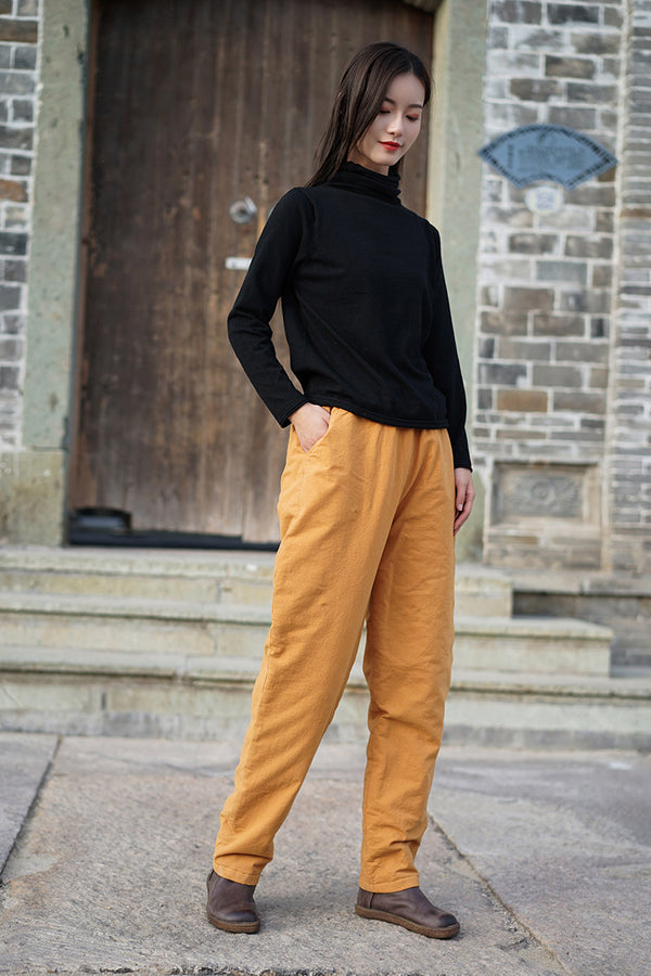 Women Pure Color Linen and Cotton Quilted Cropped Pants