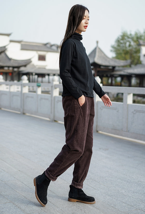 Women Pure Color Corduroy Cropped Pants