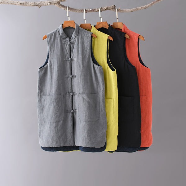 Women Eastern Style Water-washed Linen and Cotton Quilted Vest