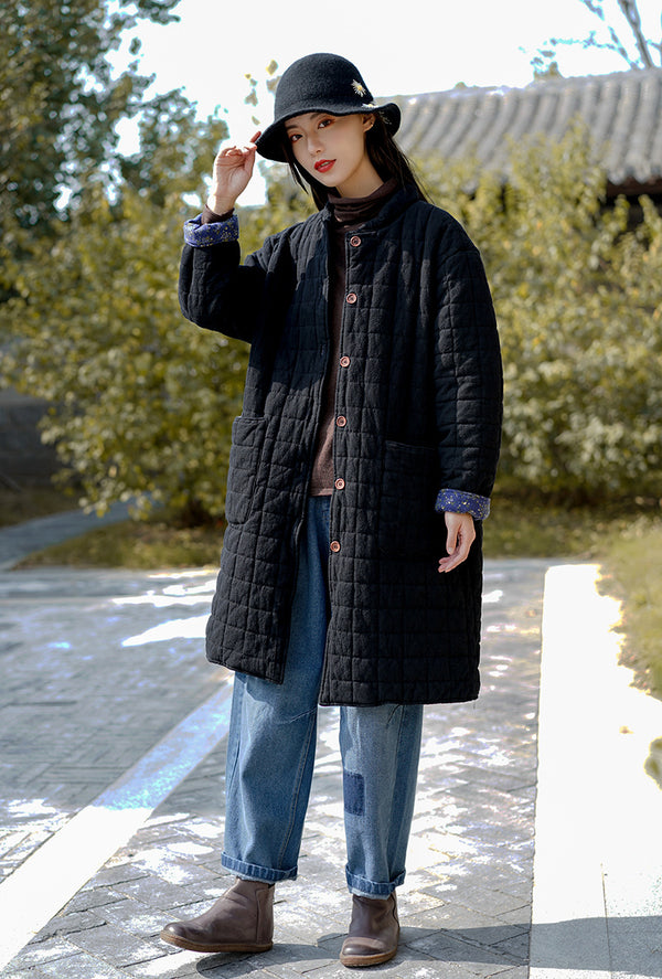 Women Retro Style Linen and Cotton Middle Length Quilted Coat