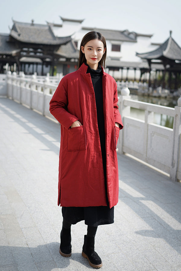 Women Retro Style Long Length Linen and Cotton Quilted Coat