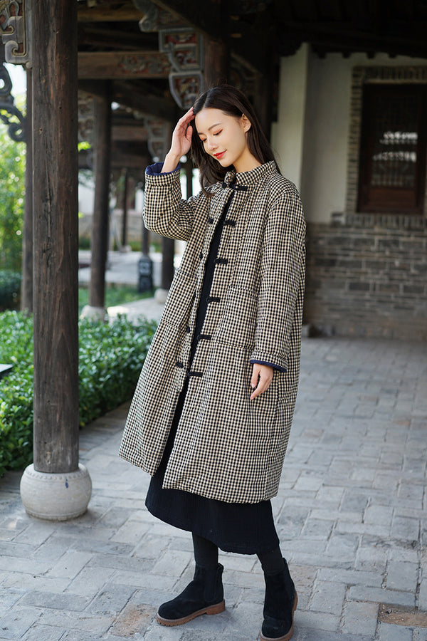 Women Retro Style Middle Length Small Grid Linen and Cotton Short Quilted Coat
