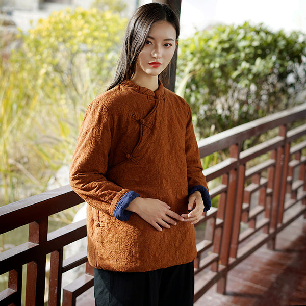 Women Chinese Style Veiled Pattern Linen and Cotton Quilted Tops