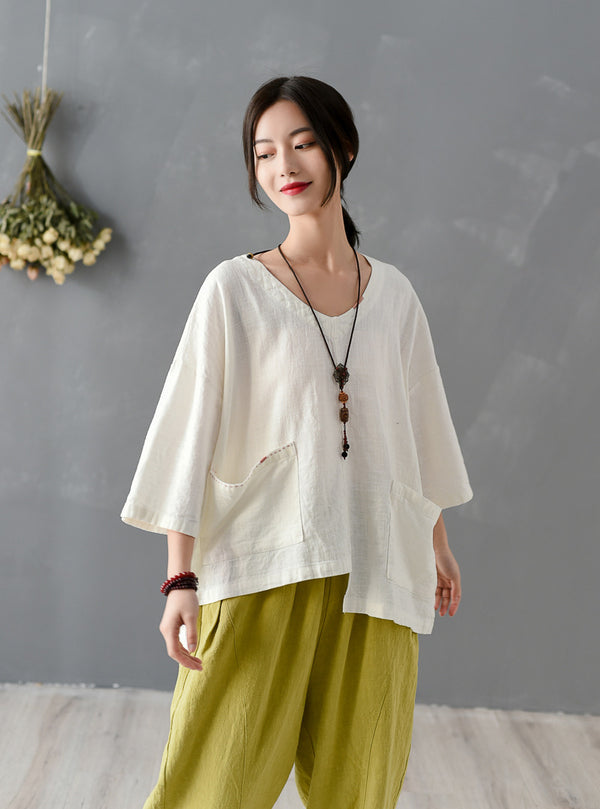 Women Big Pockets Loose Linen and Cotton V Neck T-shirt