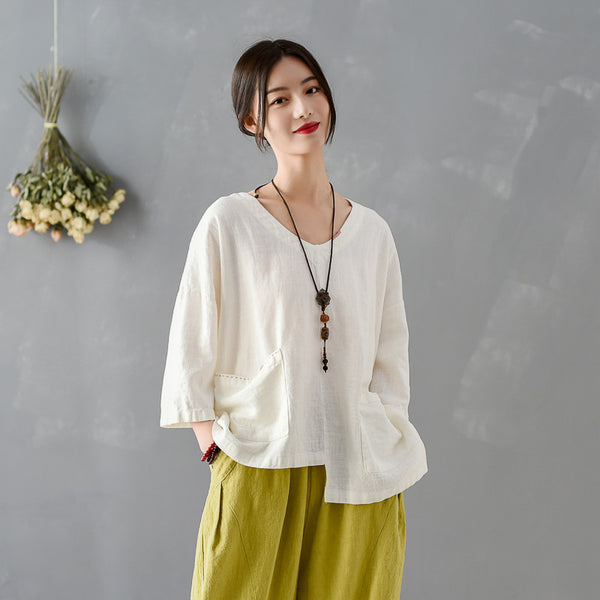 Women Big Pockets Loose Linen and Cotton V Neck T-shirt