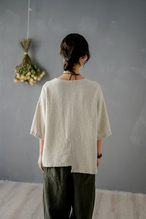 Women Big Pockets Loose Linen and Cotton V Neck T-shirt