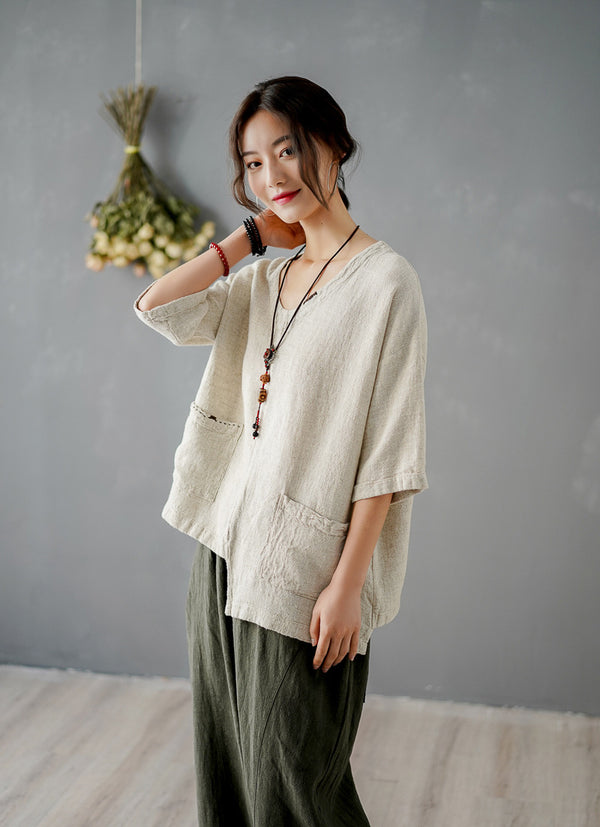 Women Big Pockets Loose Linen and Cotton V Neck T-shirt