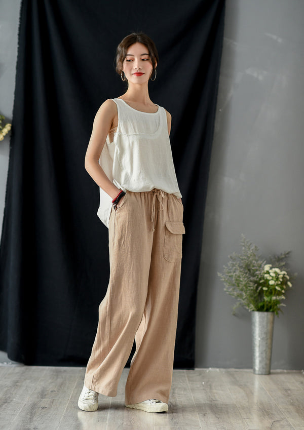 Women Retro Style Linen and Cotton Straight Pants