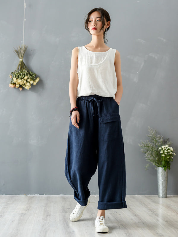 Women Retro Style Linen and Cotton Straight Pants