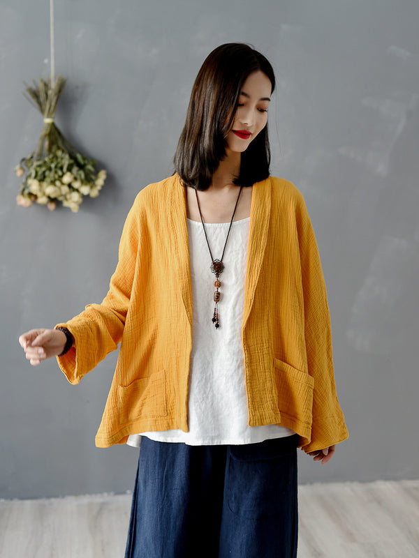 Women Pure Color Wrinkled Linen and Cotton Long Sleeve Cardigan