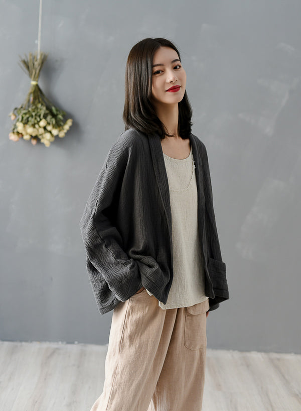 Women Pure Color Wrinkled Linen and Cotton Long Sleeve Cardigan