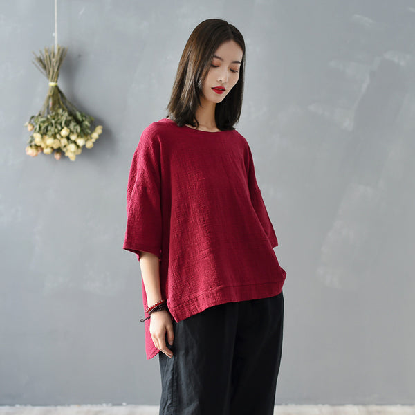 Women Simple Loose Linen and Cotton Round Neck T-shirt
