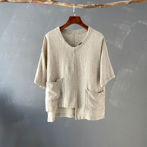 Women Big Pockets Loose Linen and Cotton V Neck T-shirt