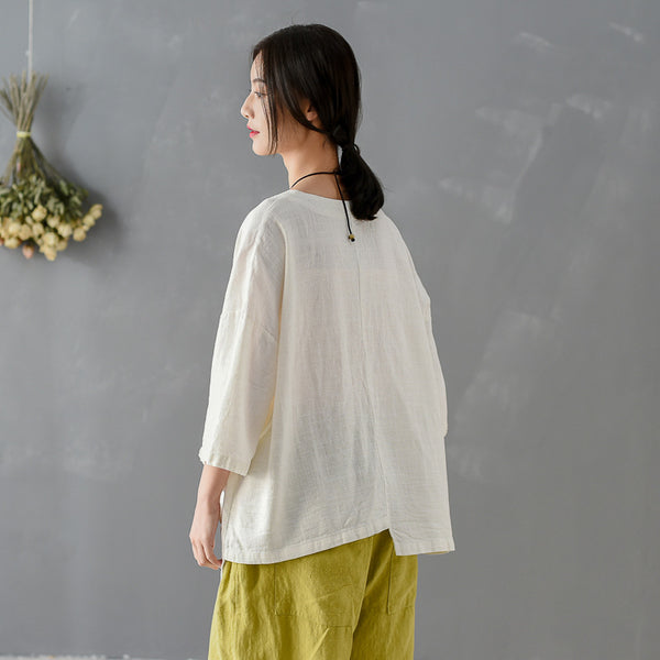 Women Big Pockets Loose Linen and Cotton V Neck T-shirt