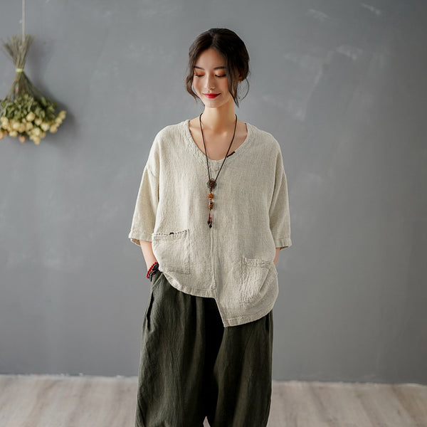 Women Big Pockets Loose Linen and Cotton V Neck T-shirt