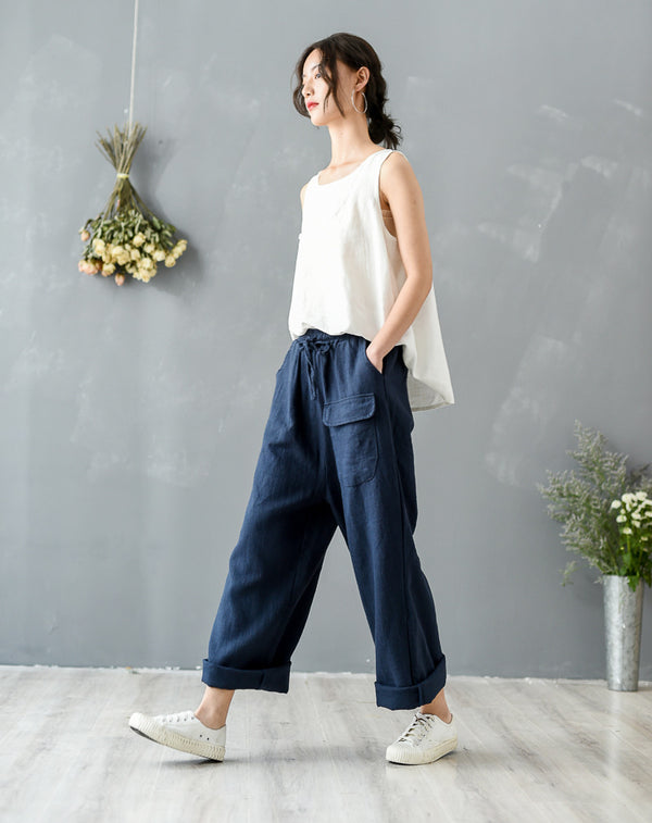 Women Retro Style Linen and Cotton Straight Pants