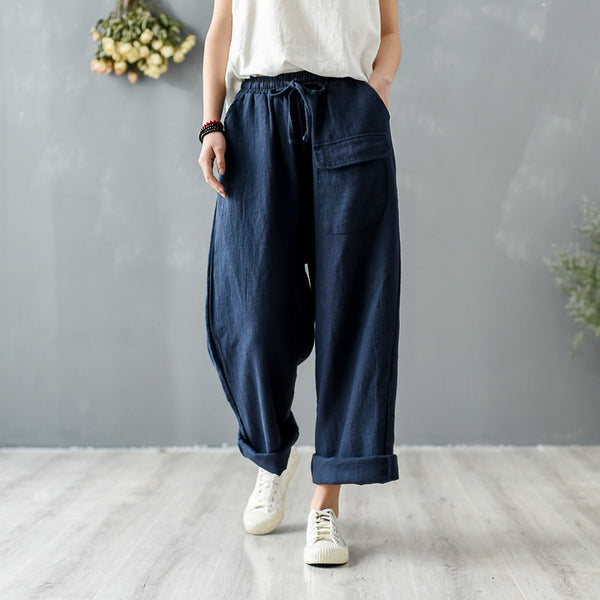 Women Retro Style Linen and Cotton Straight Pants