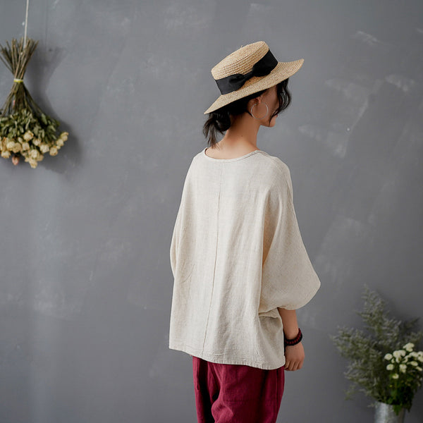Women Pure Color Loose Linen and Cotton Round Neck T-shirt