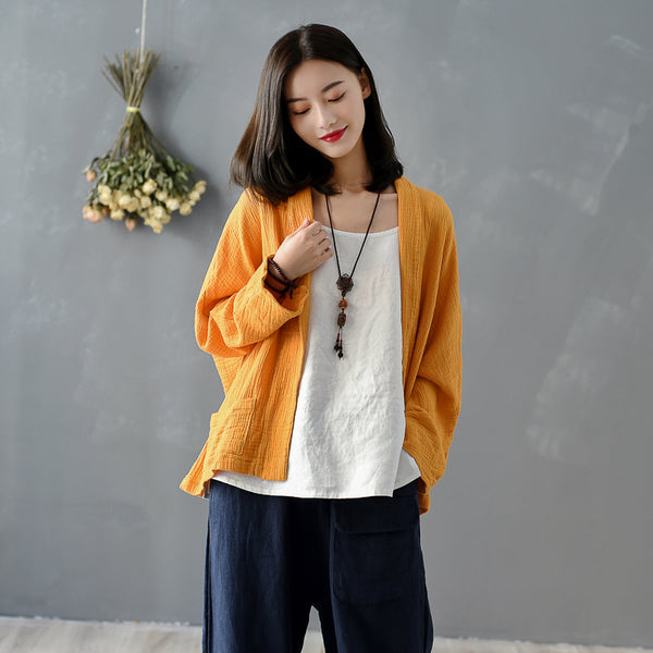 Women Pure Color Wrinkled Linen and Cotton Long Sleeve Cardigan